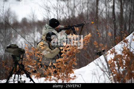 I membri del 1-120th Field Artillery Regiment Forward Objosers rispondono a un attacco simulato durante Northern Strike 23-1, 24 gennaio 2023, a Camp Grayling, Michigan. Le unità che partecipano all’iterazione invernale di Northern Strike costruiscono la propria preparazione conducendo una formazione congiunta per le basse temperature, progettata per raggiungere gli obiettivi della strategia artica del Dipartimento della Difesa. Foto Stock