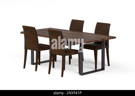 Tavolo da pranzo in legno con quattro sedie isolato su sfondo bianco - 3D render Foto Stock