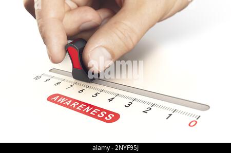 Mano spostare un cursore per aumentare la consapevolezza del marchio. Sfondo bianco. Concetto di marketing. Foto Stock