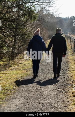 Vista posteriore di una coppia che indossa cappelli e giacche, passeggia mano nella mano sotto il sole accanto a una ferrovia lungo il South Tyne Trail vicino ad Alston, Cumbria. Foto Stock