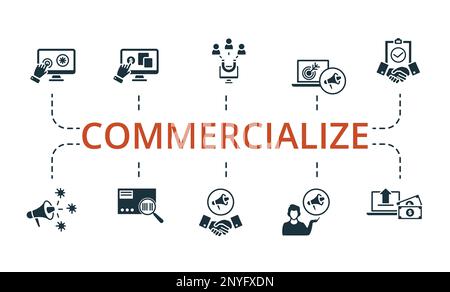 Icona Commeralize Set. Le icone modificabili commercializzano temi come il marketing di nicchia, i clienti richiamati, il ritiro e altro ancora. Illustrazione Vettoriale