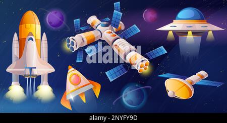 Cartoni animati vettoriali diverse navette nel cosmo e pianeti alieni. Razzo, nave spaziale ufo e stazione spaziale che vola in cielo notte piatta illustrazione. Oggetti cosmici fantasy, elementi di grafica del gioco. Illustrazione Vettoriale