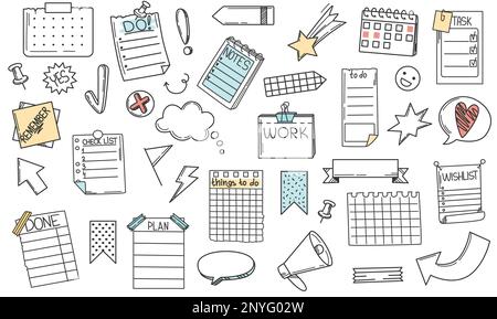 Set di disegni a mano Doodle di fogli di carta per memo, wishlist, elenco attività, nota adesiva, promemoria, elenco di controllo e elenco delle attività. bolle di linguaggio e note di carta di vario tipo isolate su sfondo bianco. Illustrazione Vettoriale