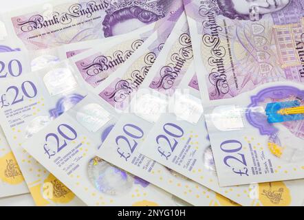 Denaro uk denaro valuta britannica denaro contante sterlina sterline banconote UK GB British English banconote fan di £20 banconote Foto Stock