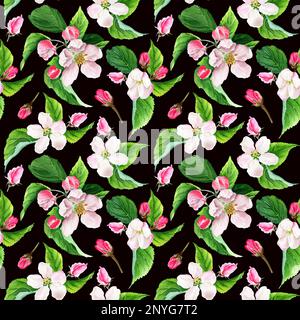 Acquerello senza cuciture con fiori di mela. Isolato su sfondo nero Foto Stock