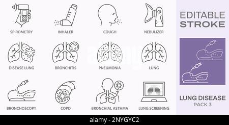 icone di malattie polmonari, come inalatore, nebulizzatore, broncoscopia, bpco, tosse e molto altro. Tratto modificabile. Illustrazione Vettoriale