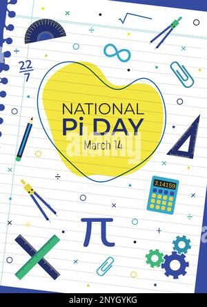 Illustrazione vettoriale poster verticale del National Pi Day. Marzo 14 Celebrazione della consapevolezza. Numero di costanti matematiche utilizzate nelle formule. Intestazione del sito web art Illustrazione Vettoriale