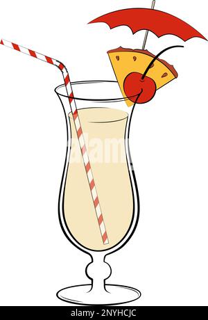 Cocktail Pina colada decorato con fette di ananas, ciliegia e ombrello. Illustrazione vettoriale delle bevande alcoliche classiche Illustrazione Vettoriale