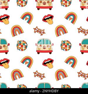 Motivo senza cuciture con elementi per feste retrò e groovy Illustrazione Vettoriale