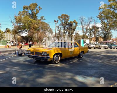 Lanus, Argentina - 24 settembre 2022: Vecchio 1973 Pontiac Catalina 400 quattro porte berlina taxi giallo in un parco. Natura, alberi. Spettacolo di auto classica AAA 2022. Foto Stock