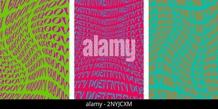 Sfondo d'arte retrò con parole grovose di positività. Psichedelico stile hippie swirl cartelloni colorati. Vintage hippy pazzo varie torsione astratto vettore eps banner. Cultura pop trendy degli anni Y2K Illustrazione Vettoriale
