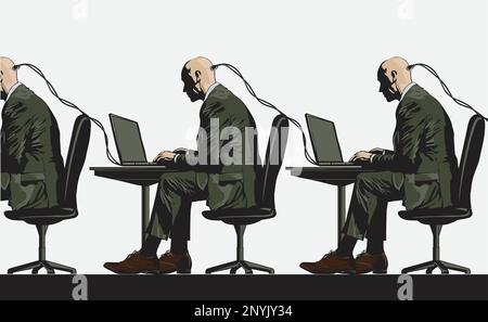 Un uomo d'affari con un notebook si siede a un tavolo e digita del testo guardando il monitor. Schizzo a matita a mano libera ruvida isolato su bianco Illustrazione Vettoriale