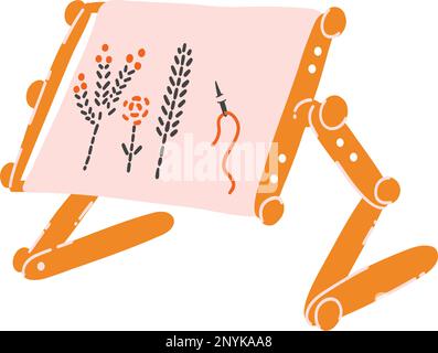 Stativo a punto croce in stile cartoon flat. Illustrazione vettoriale disegnata a mano di supporto per ricamo, fornitura di agugliature, concetto di cucitura, ricamo, Illustrazione Vettoriale