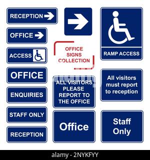 Office Signs Collection Pack - Office Guide Signs Blue Vector - Reception - staff, Richieste, accesso, Arrow Sign, visitatori Sign in Single file for of Illustrazione Vettoriale