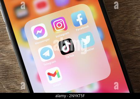 MYKOLAIV, UCRAINA - 09 AGOSTO 2021: Smartphone con icone delle app dei social media sullo schermo, primo piano Foto Stock