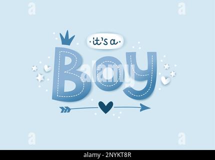 E' un ragazzo, 3D lettere per il design dei bambini in colori blu pastello. Poster o scheda. Simpatica illustrazione vettoriale in stile realistico. Illustrazione Vettoriale