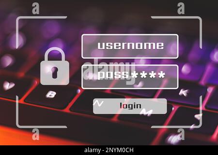 Immissione della password su sfondo sfocato della tastiera del notebook. Foto di alta qualità Foto Stock