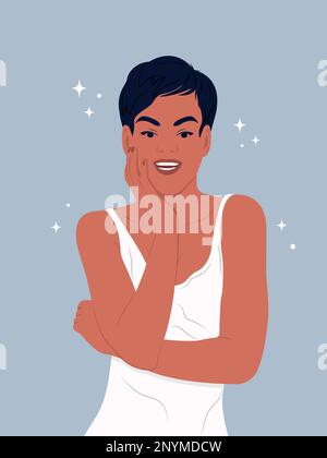 Donna africana sorridente. Giornata mondiale della salute orale. Bel sorriso di una giovane donna con denti bianchi sani e cavità orale. Illustrazione piatta vettoriale. Illustrazione Vettoriale