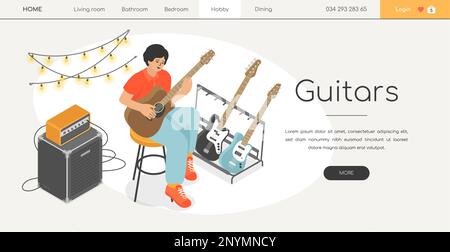 Chitarre acustiche ed elettriche - banner web isometrico moderno Illustrazione Vettoriale