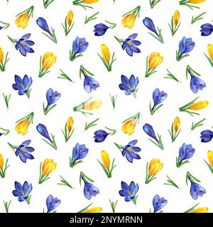 Primavera senza cuciture motivo di fiori di cocus blu e giallo. Ornamento tessile dipinto a mano in acquerello. Disegno botanico per tessuti, imballaggi, coperture Foto Stock