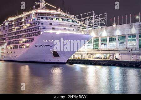 Crociera Silver Spirit. L'Hong Kong Ocean Terminal è un terminal per navi da crociera situato nell'area di Tsim Sha Tsui di Kowloon a Hong Kong. Foto Stock