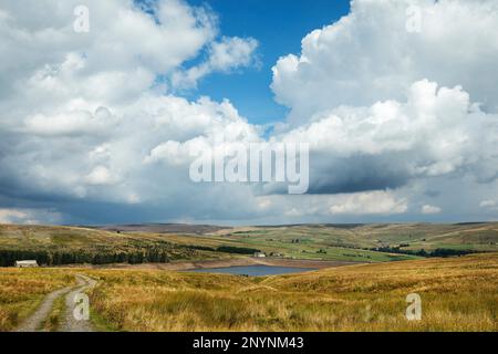 Una pista su Ireshope Moor sopra il bacino idrico di Burnhope e Middlehope Moor in lontananza, Weardale, County Durham. Il serbatoio era basso a causa della siccità. Foto Stock