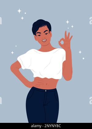 Giornata mondiale della salute orale. Donna africana sorridente. Bel sorriso di una giovane donna con denti bianchi sani e cavità orale. Illustrazione piatta vettoriale. Illustrazione Vettoriale