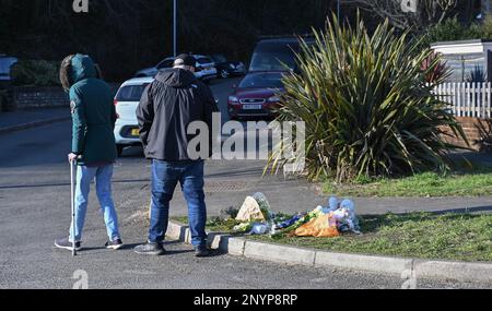 Brighton UK 2nd marzo 2023 - Fiori lasciati dai residenti locali e dalla polizia alla fine di Golf Drive a Brighton, vicino a dove i resti di un bambino sono stati trovati nella ricerca del bambino scomparso di Costanza Marten e Mark Gordon . Una ricerca di polizia importante ha avuto luogo nel corso degli ultimi giorni per trovare il bambino dopo i genitori Costanza Marten e Mark Gordon sono stati arrestati a Brighton all'inizio della settimana : Credit Simon Dack / Alamy Live News Foto Stock