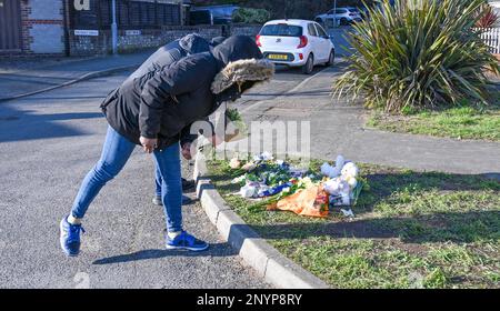 Brighton UK 2nd marzo 2023 - i membri del pubblico lasciano fiori alla fine di Golf Drive a Brighton, vicino a dove sono stati trovati i resti di un bambino nella ricerca del bambino scomparso di Costanza Marten e Mark Gordon . Una ricerca di polizia importante ha avuto luogo nel corso degli ultimi giorni per trovare il bambino dopo i genitori Costanza Marten e Mark Gordon sono stati arrestati a Brighton all'inizio della settimana : Credit Simon Dack / Alamy Live News Foto Stock