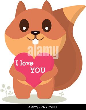 Scoiattolo innamorato. Cuore con l'iscrizione ti amo. Grafica vettoriale sul tema dell'amore Illustrazione Vettoriale