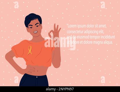 Nastro di consapevolezza dell'endometriosi. Una donna afroamericana e un simbolo della salute delle donne. Giornata mondiale di consapevolezza dell'endometriosi. Illustrazione piatta vettoriale. Illustrazione Vettoriale