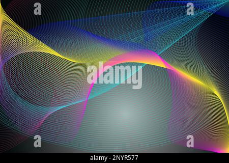 Modello astratto di linee intrecciate dinamiche ondulate multicolore su sfondo sfumato scuro. Sfondo, sfondo del testo. Illustrazione Vettoriale