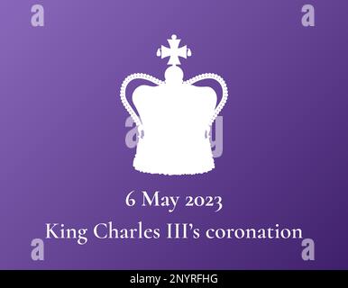 Re Carlo III incoronazione 6 maggio 2023 banner di design. Poster vettore corona britannica. St Edwards Crown simbolo del Regno Unito britannico e del Commo Illustrazione Vettoriale