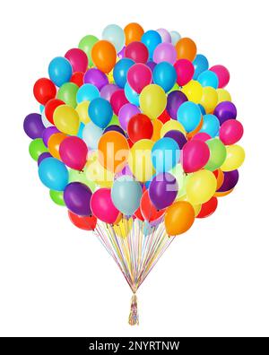 Grande gruppo di palloncini luminosi su sfondo bianco Foto Stock
