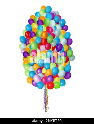 Grande gruppo di palloncini luminosi su sfondo bianco Foto Stock