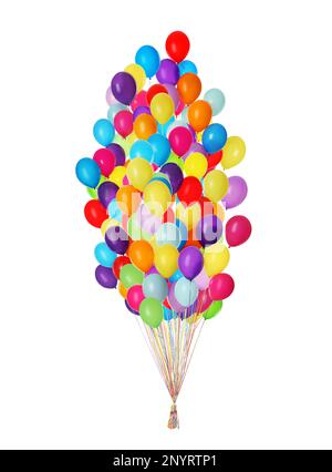 Grande gruppo di palloncini luminosi su sfondo bianco Foto Stock
