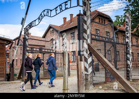 Ingresso principale, nel campo di concentramento. Auschwitz. La Polonia. Foto Stock