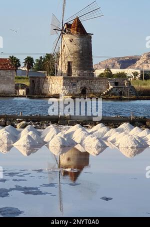 La Riserva Naturale orientata alle Saline di Trapani e Paceco è un'area naturale protetta della Sicilia dove si svolge l'antica attività di estrazione del sale marino Foto Stock