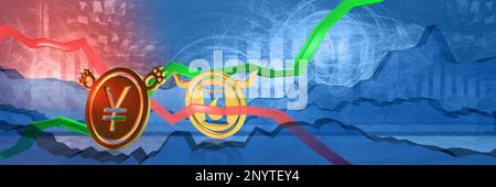 i prezzi delle scorte di petrolio aumentano in jpy o cny. crisi energetica in giappone o in cina. concetto rialzista del mercato delle materie prime. 3d illustrazione di combustibile fossile costoso Foto Stock