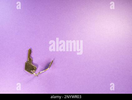 coppia di chiavi con lucchetto in argento - una piegata di forma isolata su sfondo viola Foto Stock