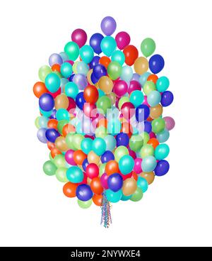 Grande gruppo di palloncini luminosi su sfondo bianco Foto Stock