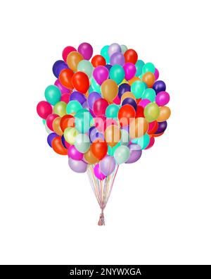 Grande gruppo di palloncini luminosi su sfondo bianco Foto Stock