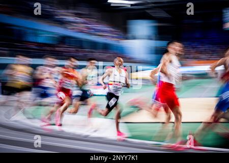 Istanbul, Turchia Giovedì 02 Marzo 2023. Il belga Ismael Debjani ha ritratto in azione durante la serie della gara maschile 1500m alla 37th edizione dei Campionati europei di Atletica Indoor, a Istanbul, in Turchia, giovedì 02 marzo 2023. I campionati si svolgono dal 2 al 5 marzo. FOTO DI BELGA JASPER JACOBS Foto Stock