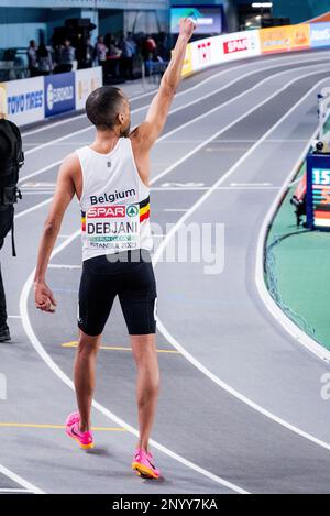 Istanbul, Turchia Giovedì 02 Marzo 2023. Il belga Ismael Debjani festeggia dopo la serie della gara maschile 1500m alla 37th edizione dei Campionati europei di Atletica Indoor, a Istanbul, in Turchia, giovedì 02 marzo 2023. I campionati si svolgono dal 2 al 5 marzo. FOTO DI BELGA JASPER JACOBS Foto Stock