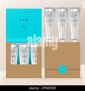 Set di tubi per crema mani Vector Silver o Metallic Beauty. Capovolgi la confezione di carta riciclata Kraft con rivestimento stampato blu al neon. Illustrazione Vettoriale