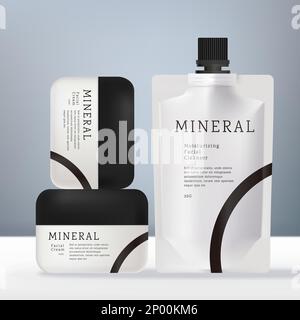 Vector Health and Body Set con flacone rotondo in plastica bianco e nero, pacchetto shampoo o maschera facciale, vasetto, flacone di goccioline e ha in alluminio argentato metallico Illustrazione Vettoriale