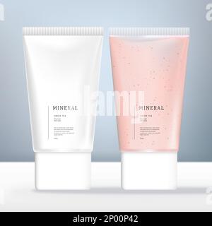 Confezione di tubi per la bellezza Vector opachi o trasparenti piatti o ovali con tappo a vite bianco. Rosa e bianco. Illustrazione Vettoriale