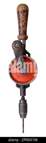 Rustic Vintage Hand Drill isolato su sfondo bianco Foto Stock