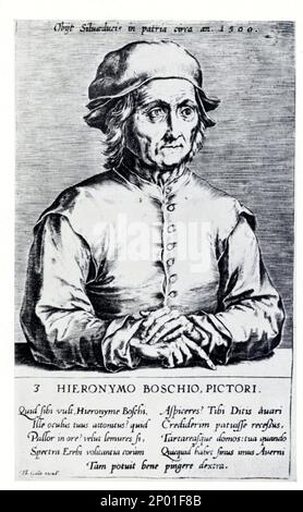 Il pittore fiammeggiante HIERONYMUS BOSCH (s'Hertogenbosch 1450 ca-1516), Ritratto di Thomas Galle - PITTORE - ARTE - ARTI VISIVE - ARTI VISIVE - cappello - cappello - cappello - colletto - colletto - antico vecchio - uomo anziano - incisione - RINASCIMENTO - RINASCIMENTO - ritrato - fiammingo - arte fiamminga - FIANDRE ----- Archivio GBB Foto Stock