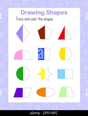 Tracciare, disegnare la geometria del colore forme lineari pratica di scrittura a mano illustrazione vettoriale educativo foglio di lavoro stampabile, disegnare oggetti attività di svago le Illustrazione Vettoriale